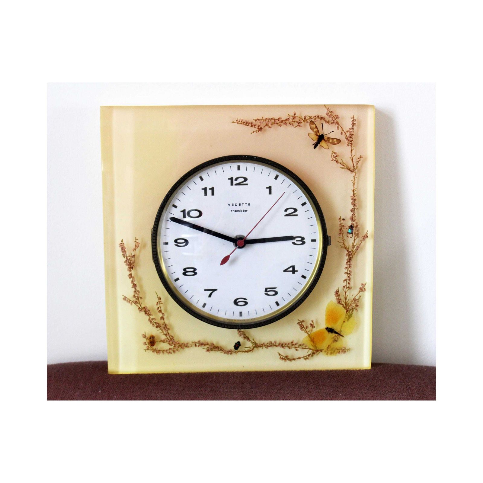Vintage French Vedette Transistor Wall Clock, Unusual Resin Clock, Battery Operated, Insects Butterfly Dried Flowers, Works, Retro Mcm