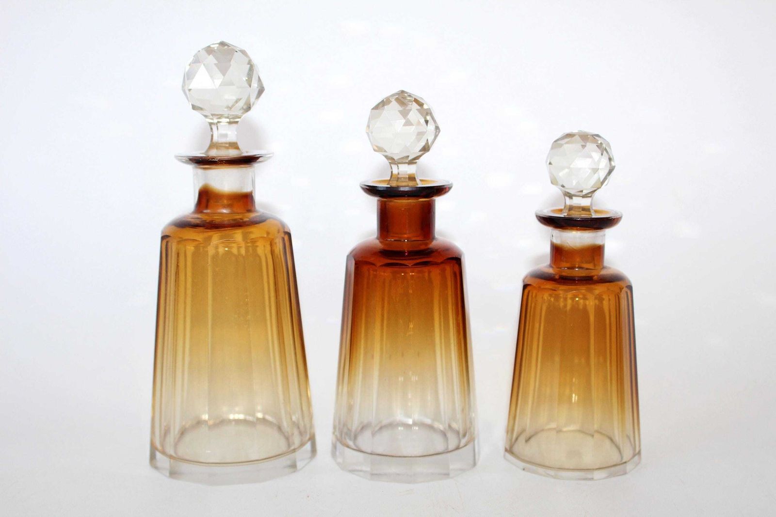 Set Of 3 French Antique C1930 Crystal Perfume Bottles, Art Deco Gradient Dark Amber To Clear, Faceted Cut, Art Glass, Unsigned photo furniture