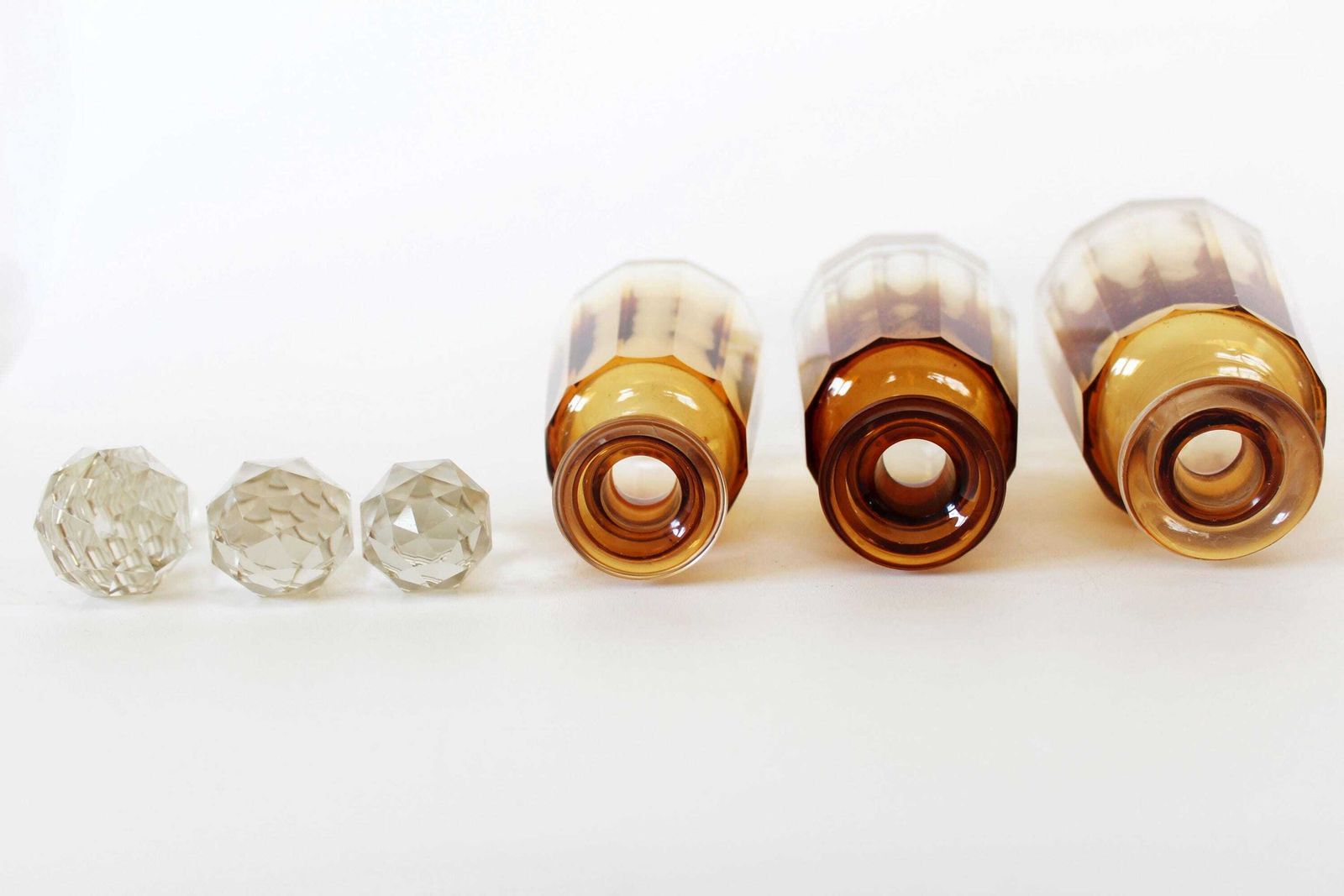 Set Of 3 French Antique C1930 Crystal Perfume Bottles, Art Deco Gradient Dark Amber To Clear, Faceted Cut, Art Glass, Unsigned photo buy