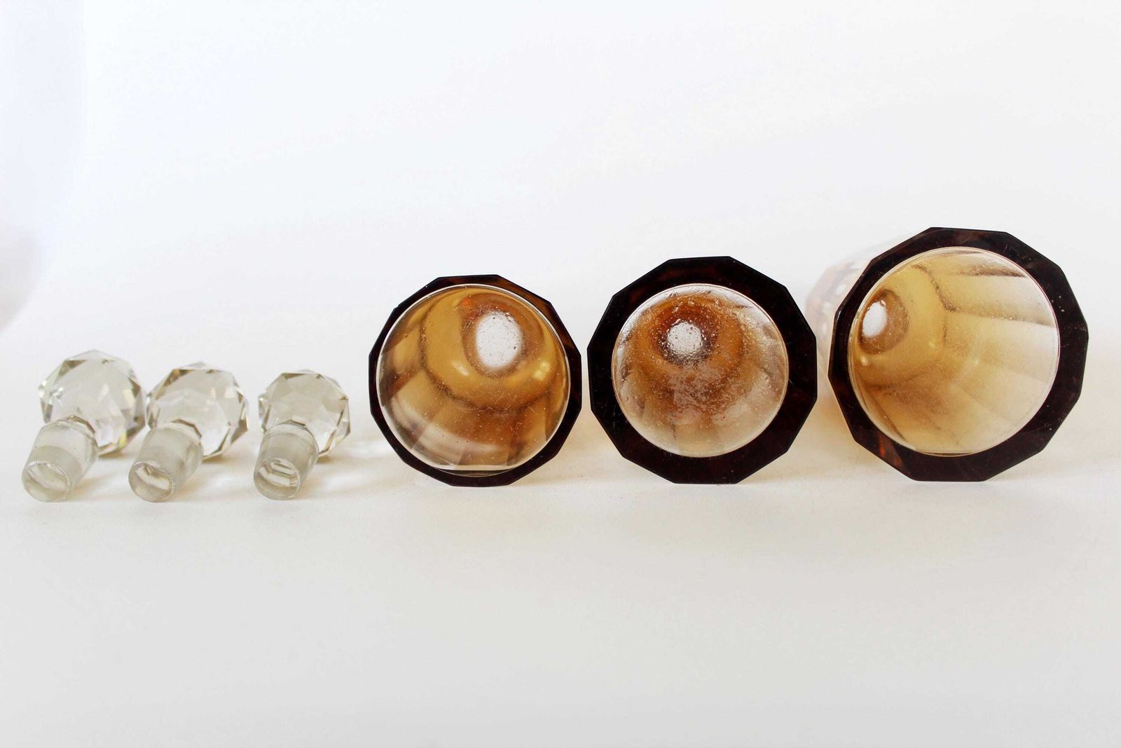 Set Of 3 French Antique C1930 Crystal Perfume Bottles, Art Deco Gradient Dark Amber To Clear, Faceted Cut, Art Glass, Unsigned photo vintage