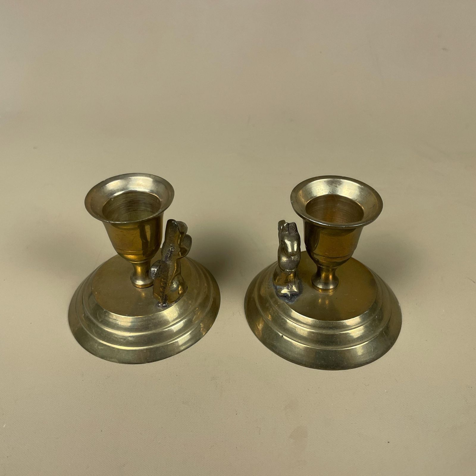 Antique Matching Pair Of Gold Brass Metal Squirrel Candlestick Candle Stick Vintage Round Base Taper Dinner Candlesticks photo vinterior