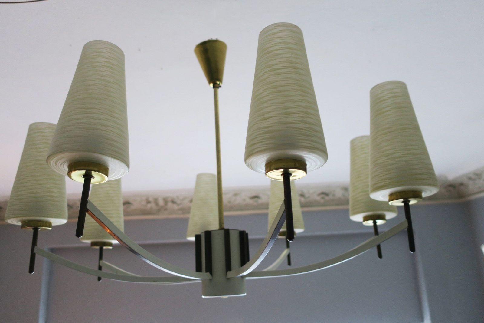 Mid Century Italian Brass And Art Glass Chandelier 1970
