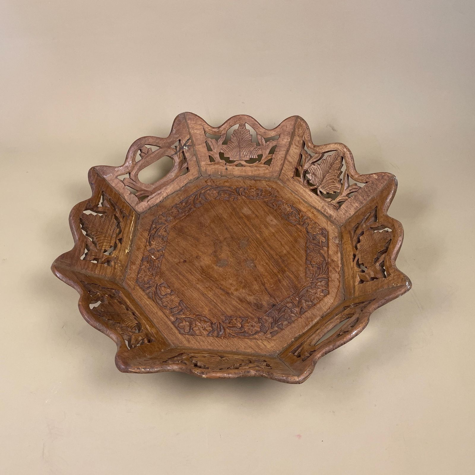 Antique Wooden Octagon Tray Rounded Edges Display Bowl Wood Hand Carved Intricate Detail Leaf Pattern Floral Cut Out Display 1970's