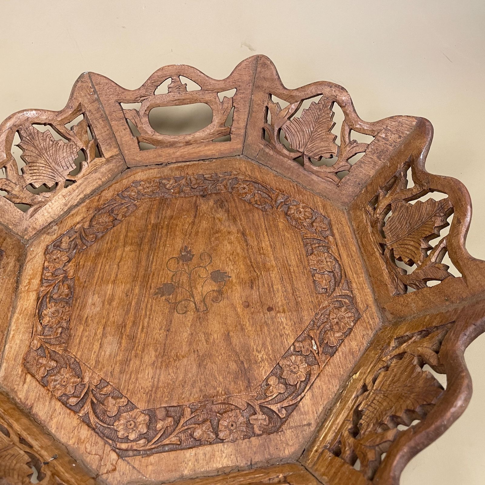 Antique Wooden Octagon Tray Rounded Edges Display Bowl Wood Hand Carved Intricate Detail Leaf Pattern Floral Cut Out Display 1970's photo vintage