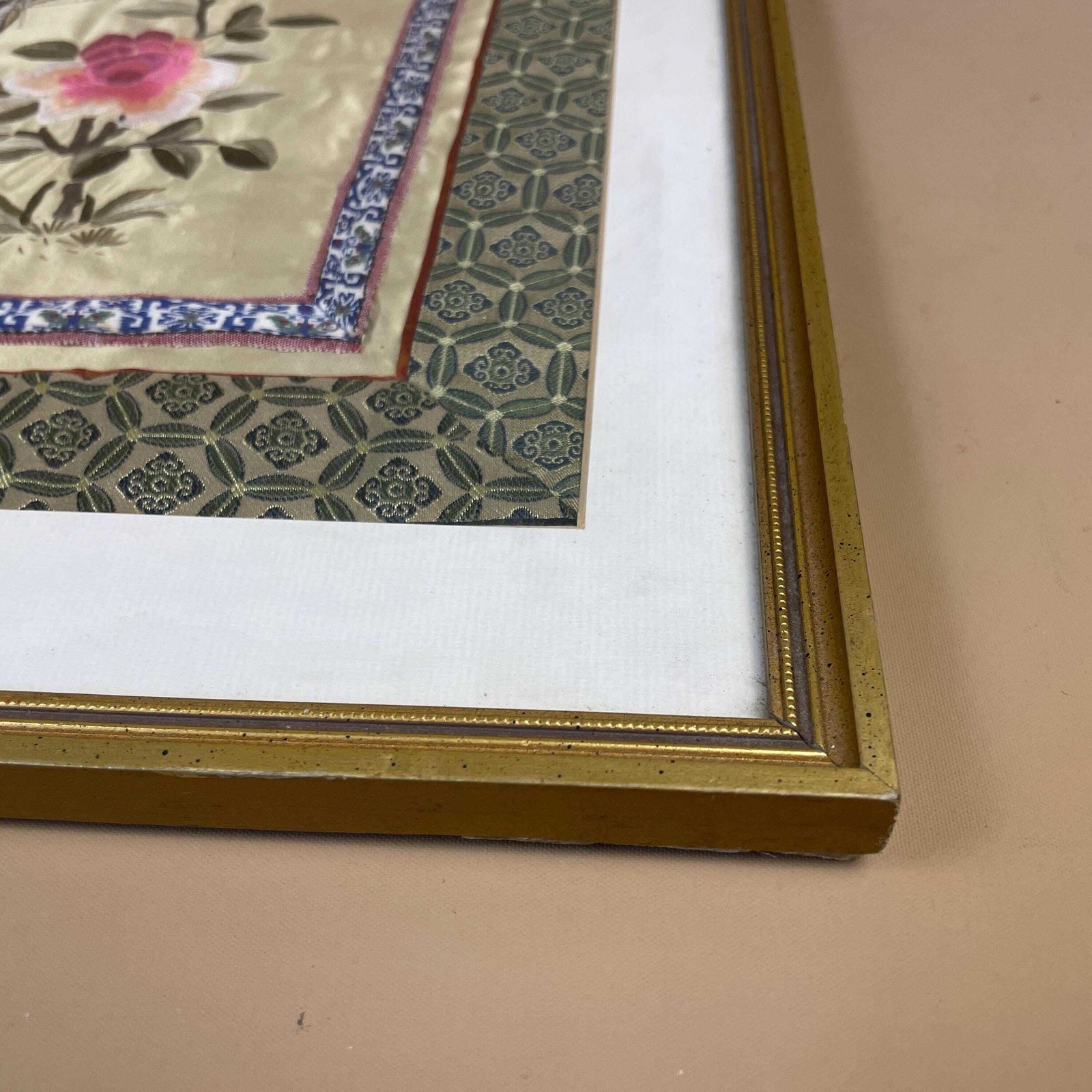 Oriental Embroidered Silk Floral Butterfly Art Artwork Green Pink Picture Gold Frame Chinese Asian Fabric Antique Original photo vintage