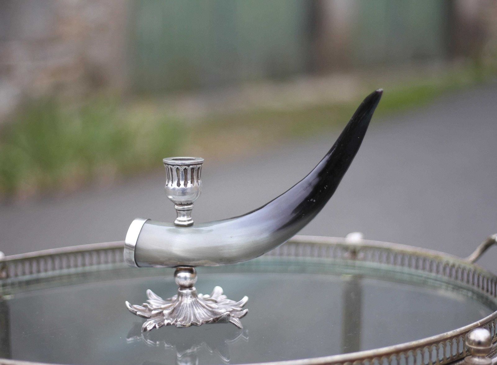 Candlestick Signed Alice Joly, Horn And Silver Metal Candlestick, Candle Holder, Interior Decoration, Curiosity, 50's photo furniture