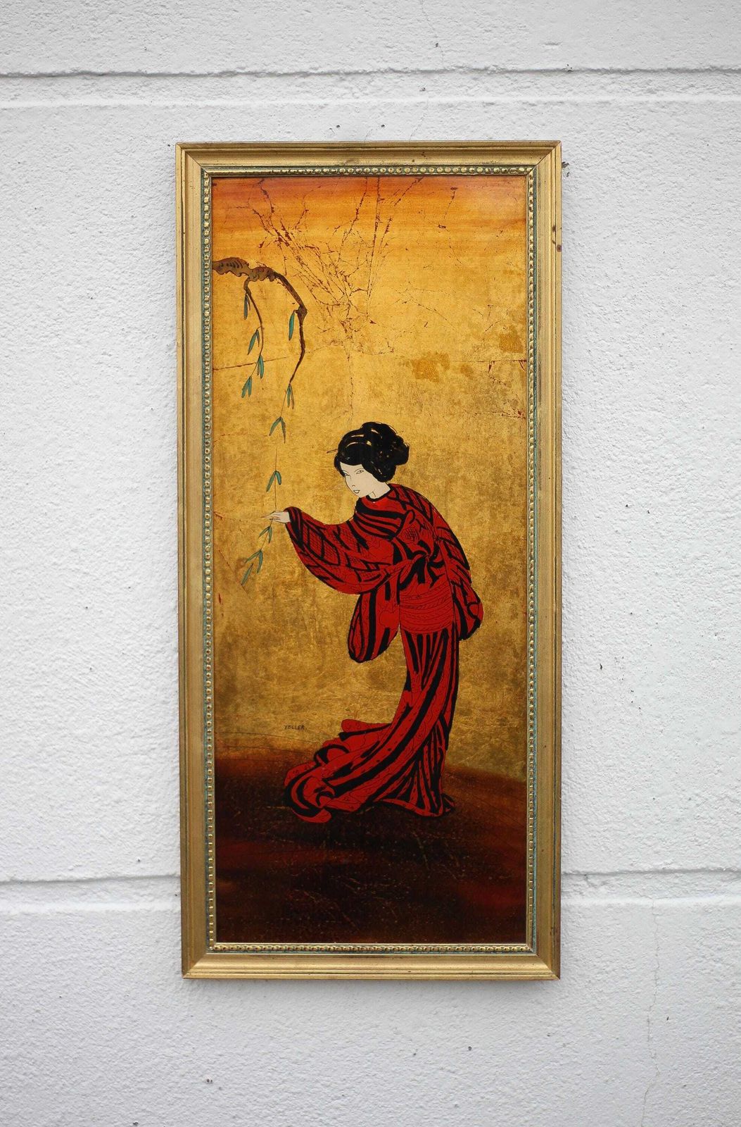 Painting Signed Zeller Michel, Wall Framed, Lacquer And Gold Leaf, Asian Geisha Motif, Collection photo furniture