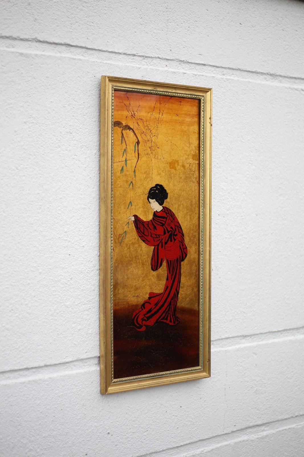 Painting Signed Zeller Michel, Wall Framed, Lacquer And Gold Leaf, Asian Geisha Motif, Collection photo Art