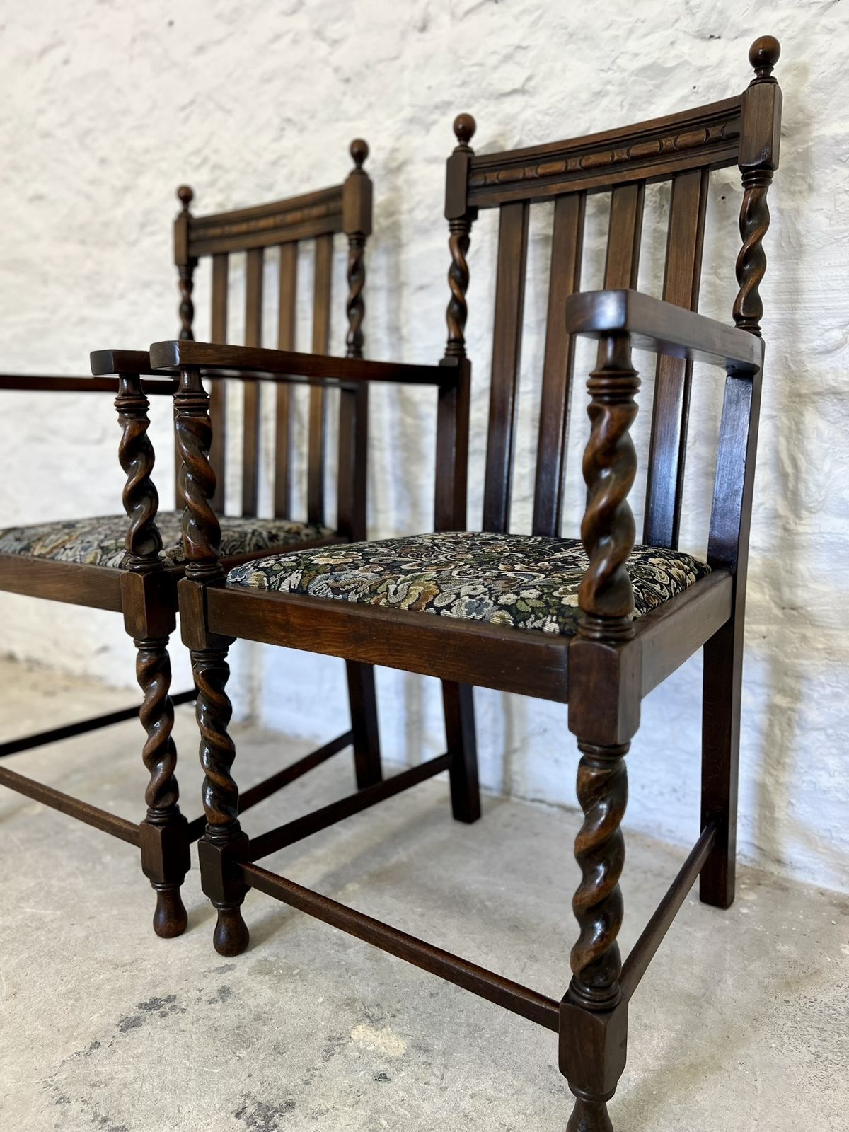 Antique Pair Of Victorian Edwardian Oak Barley Twist Armchairs Ocassional Chairs