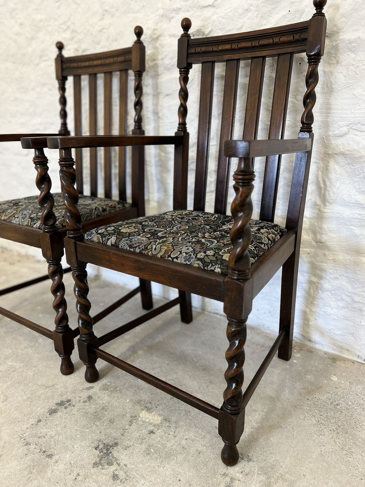 Antique Pair Of Victorian Edwardian Oak Barley Twist Armchairs Ocassional Chairs photo Furniture