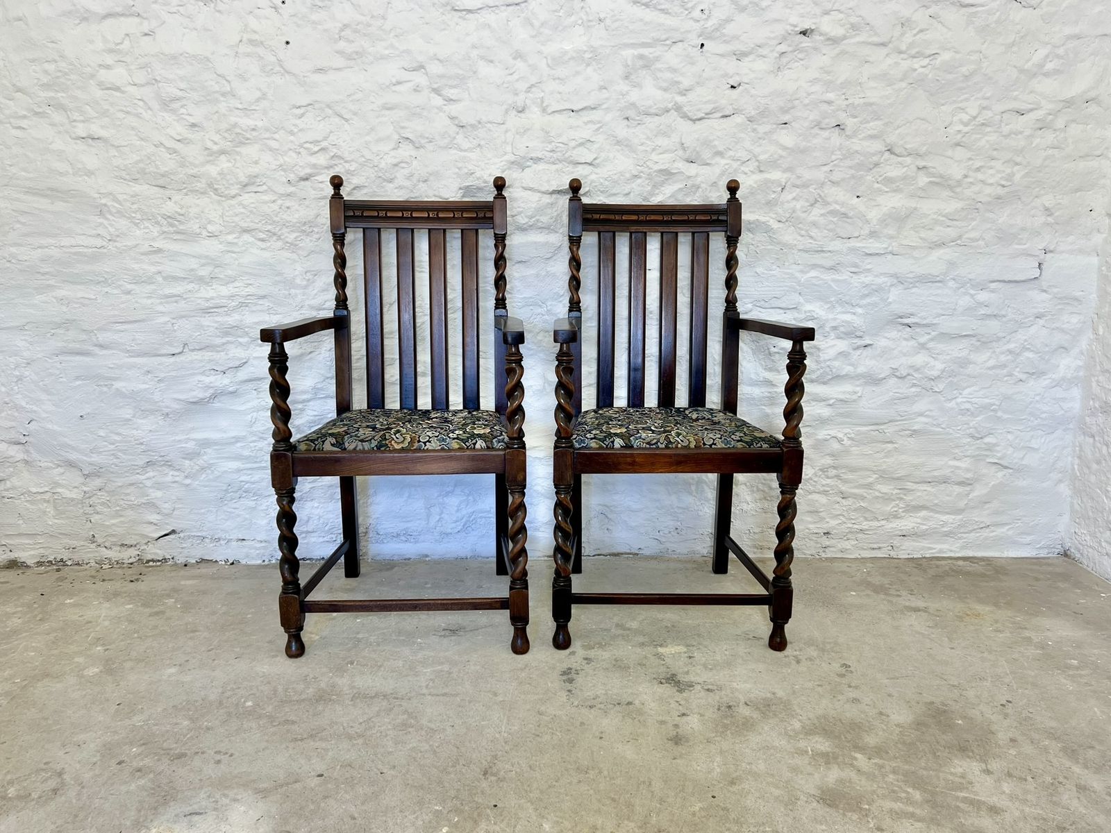 Antique Pair Of Victorian Edwardian Oak Barley Twist Armchairs Ocassional Chairs photo buy