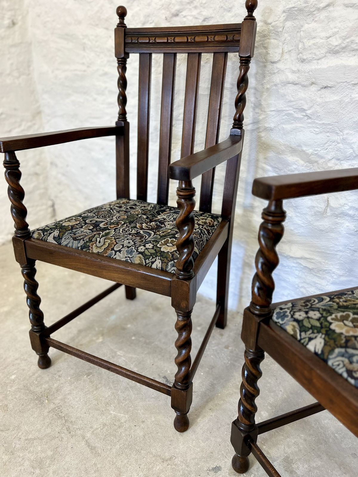 395.0 Antique Pair Of Victorian Edwardian Oak Barley Twist Armchairs Ocassional Chairs photo