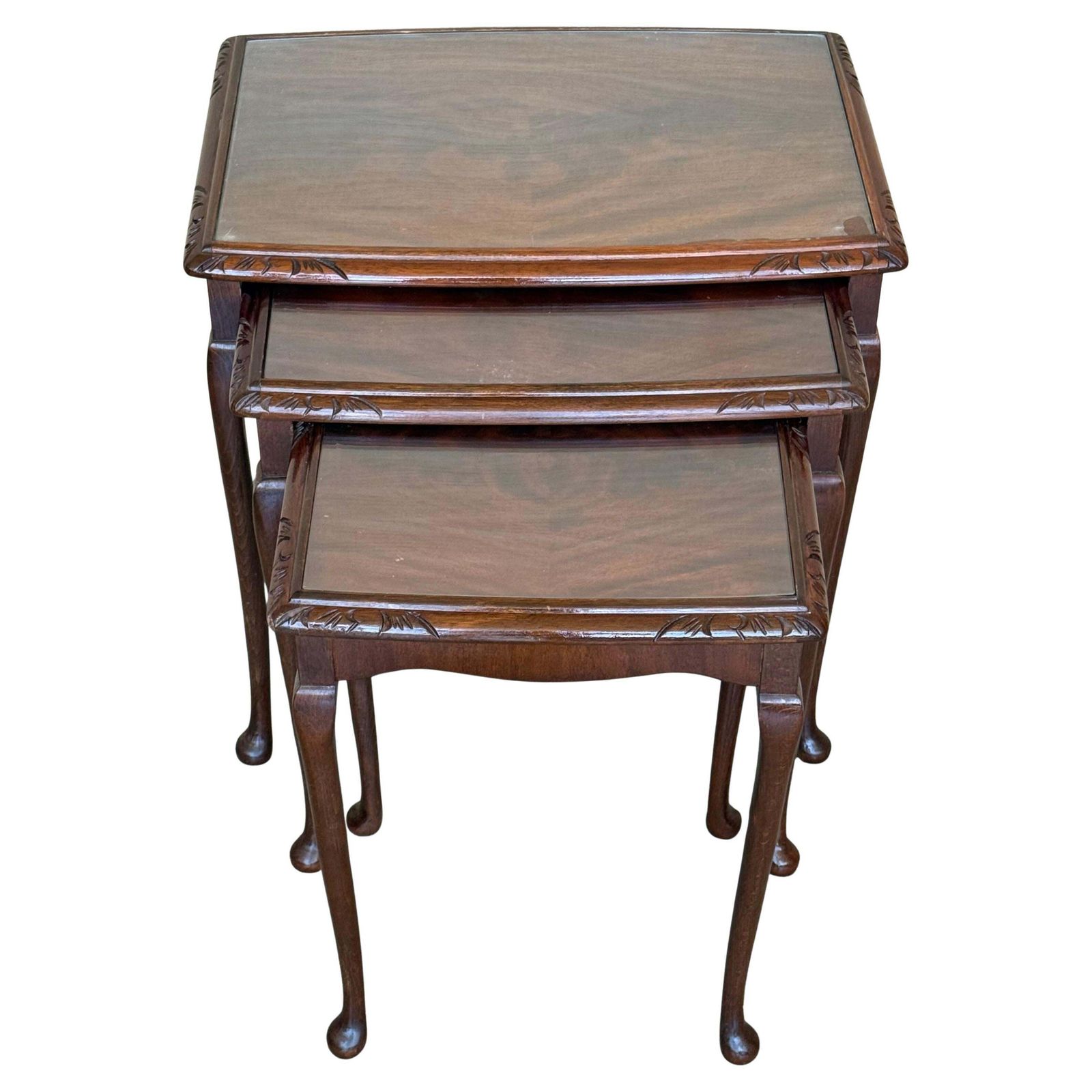 Set Of Three Mahogany Nesting Tables With Glass Top