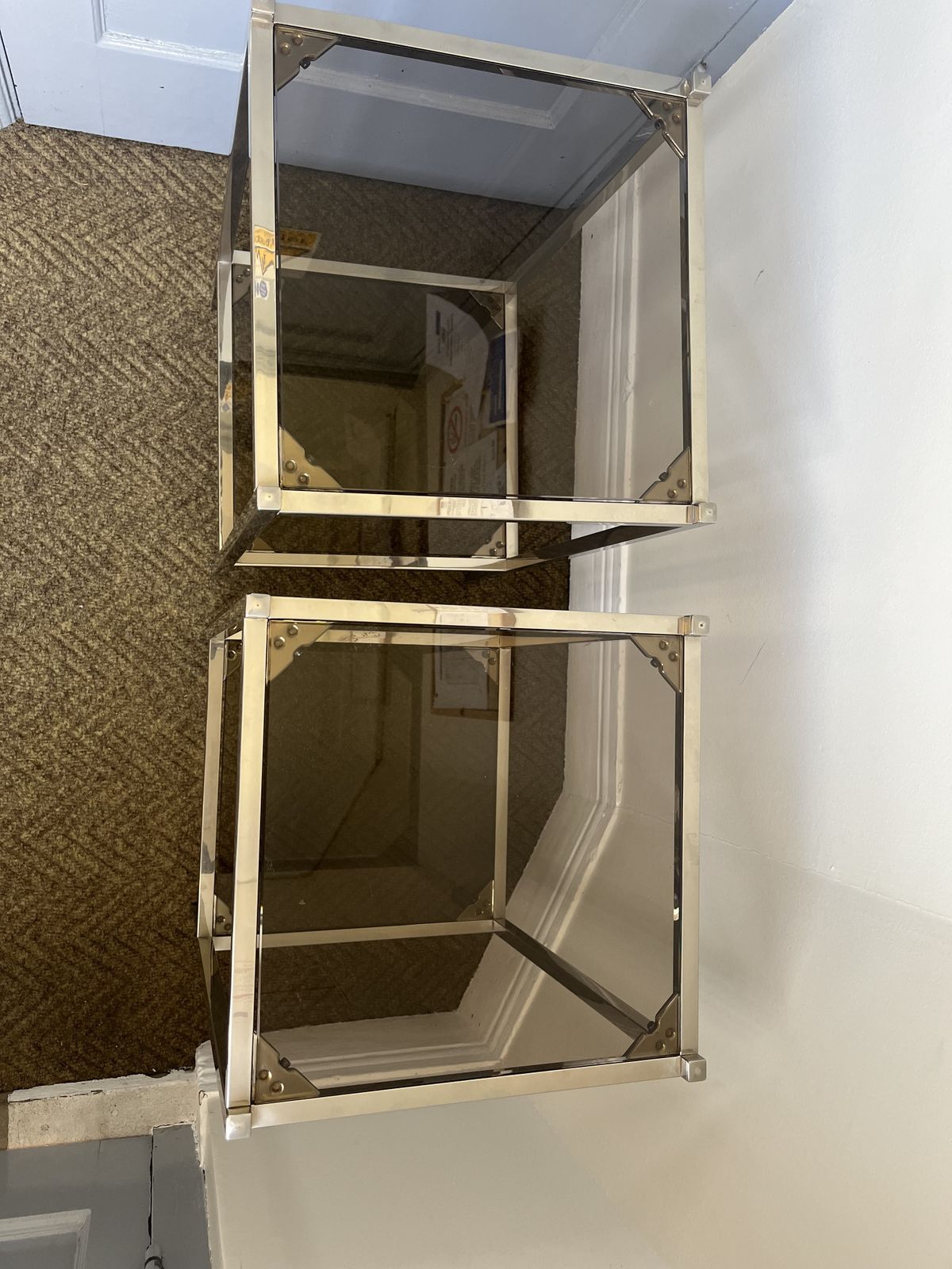 photo furniture Pair Of Modernist Chrome & Smoked Glass Two Tier Side Tables Circa 1970