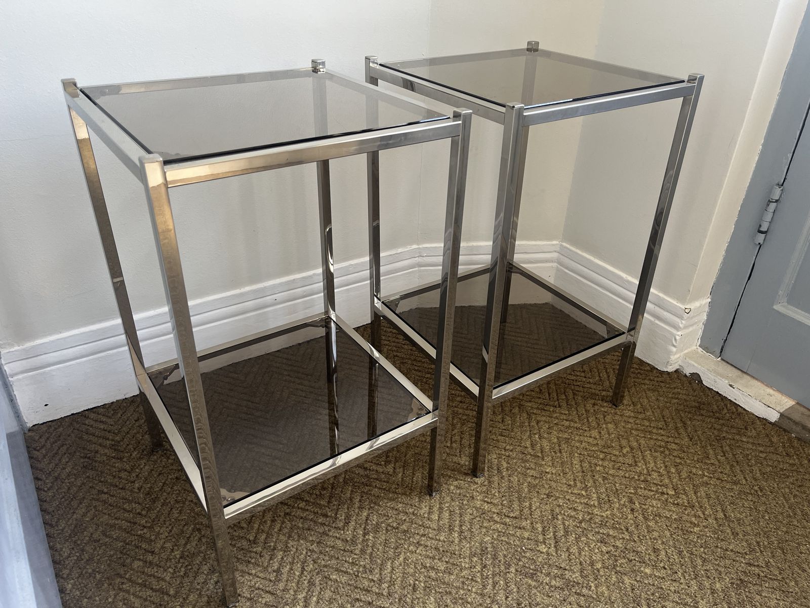 Pair Of Modernist Chrome & Smoked Glass Two Tier Side Tables Circa 1970 photo furniture