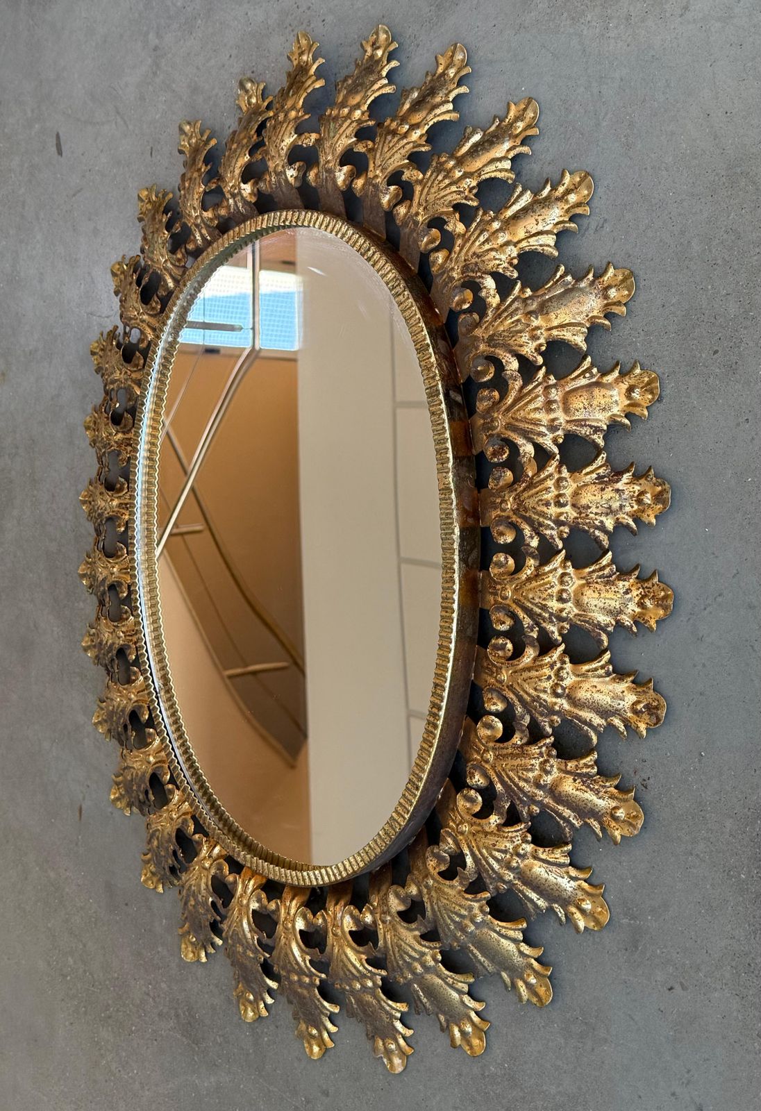 Spanish Gilt Metal Oval Sunburst Mirror photo for sale