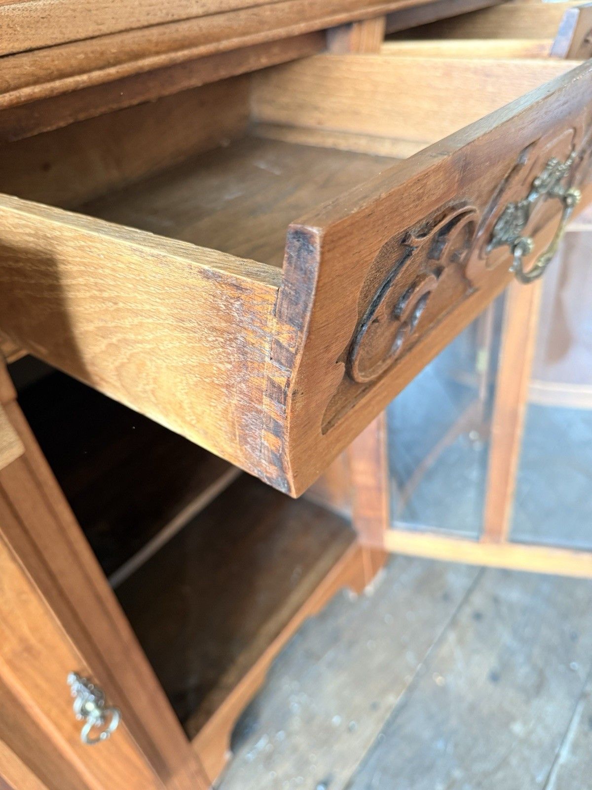 photo for sale Original Heavy Antique Walnut Rustic Large Carved  Dresser Sideboard Circa 1800s