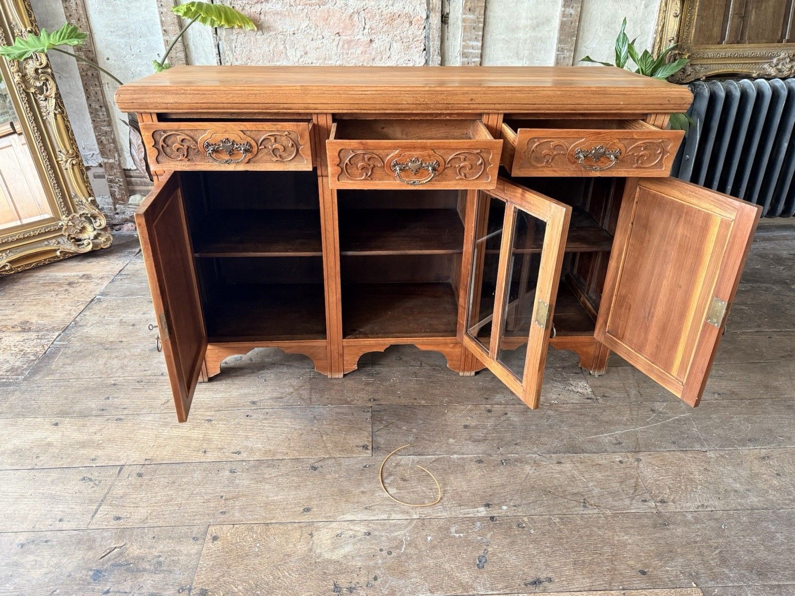 599.0 Original Heavy Antique Walnut Rustic Large Carved  Dresser Sideboard Circa 1800s photo