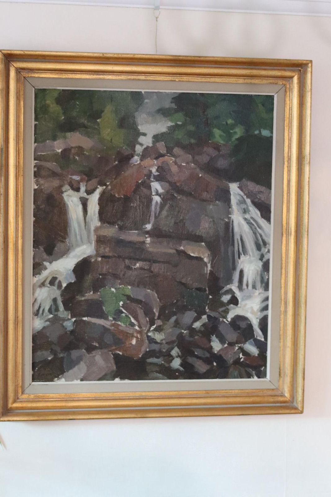 Mid Century Original Scandinavian Oil On Canvas "Cubist Waterfall" – Larson – Vintage, 58 X 68 Cm / 22.8 X 26.8 In photo Art