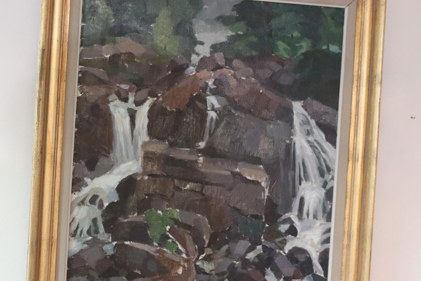 Mid Century Original Scandinavian Oil On Canvas "Cubist Waterfall" – Larson – Vintage, 58 X 68 Cm / 22.8 X 26.8 In photo vinterior