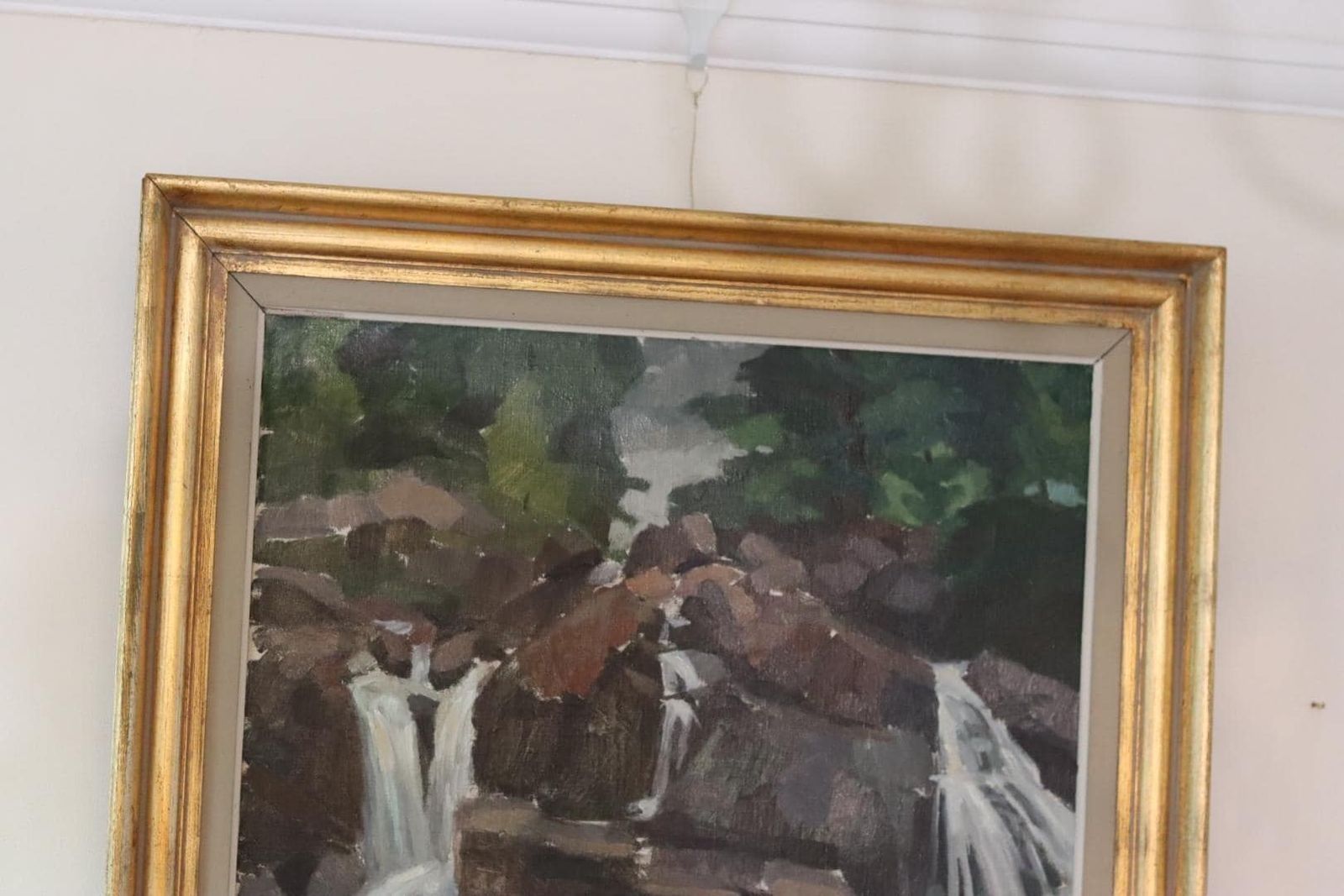 Mid Century Original Scandinavian Oil On Canvas "Cubist Waterfall" – Larson – Vintage, 58 X 68 Cm / 22.8 X 26.8 In photo buy