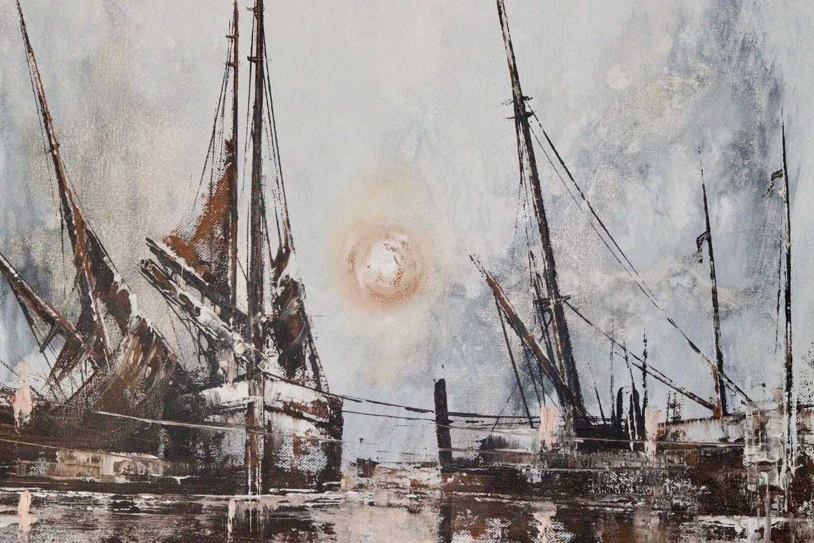 Mid Century Original Swedish Oil On Canvas "Boats" – Kris Ewald – Vintage & Framed, 81 X 72 Cm / 31.9 X 28.3 In photo Art