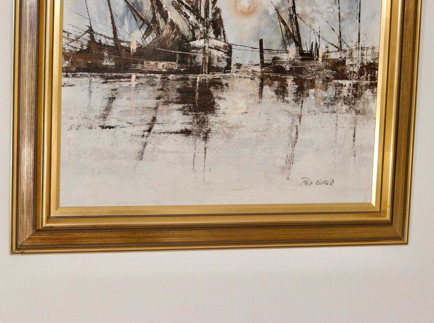 Mid Century Original Swedish Oil On Canvas "Boats" – Kris Ewald – Vintage & Framed, 81 X 72 Cm / 31.9 X 28.3 In photo 345.0
