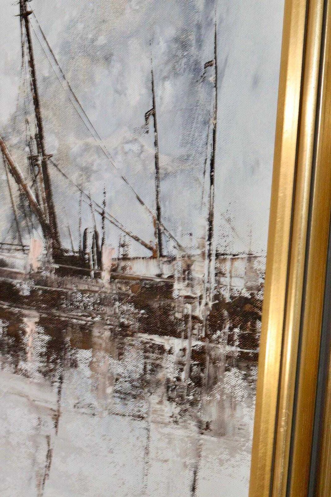 Mid Century Original Swedish Oil On Canvas "Boats" – Kris Ewald – Vintage & Framed, 81 X 72 Cm / 31.9 X 28.3 In photo vinterior