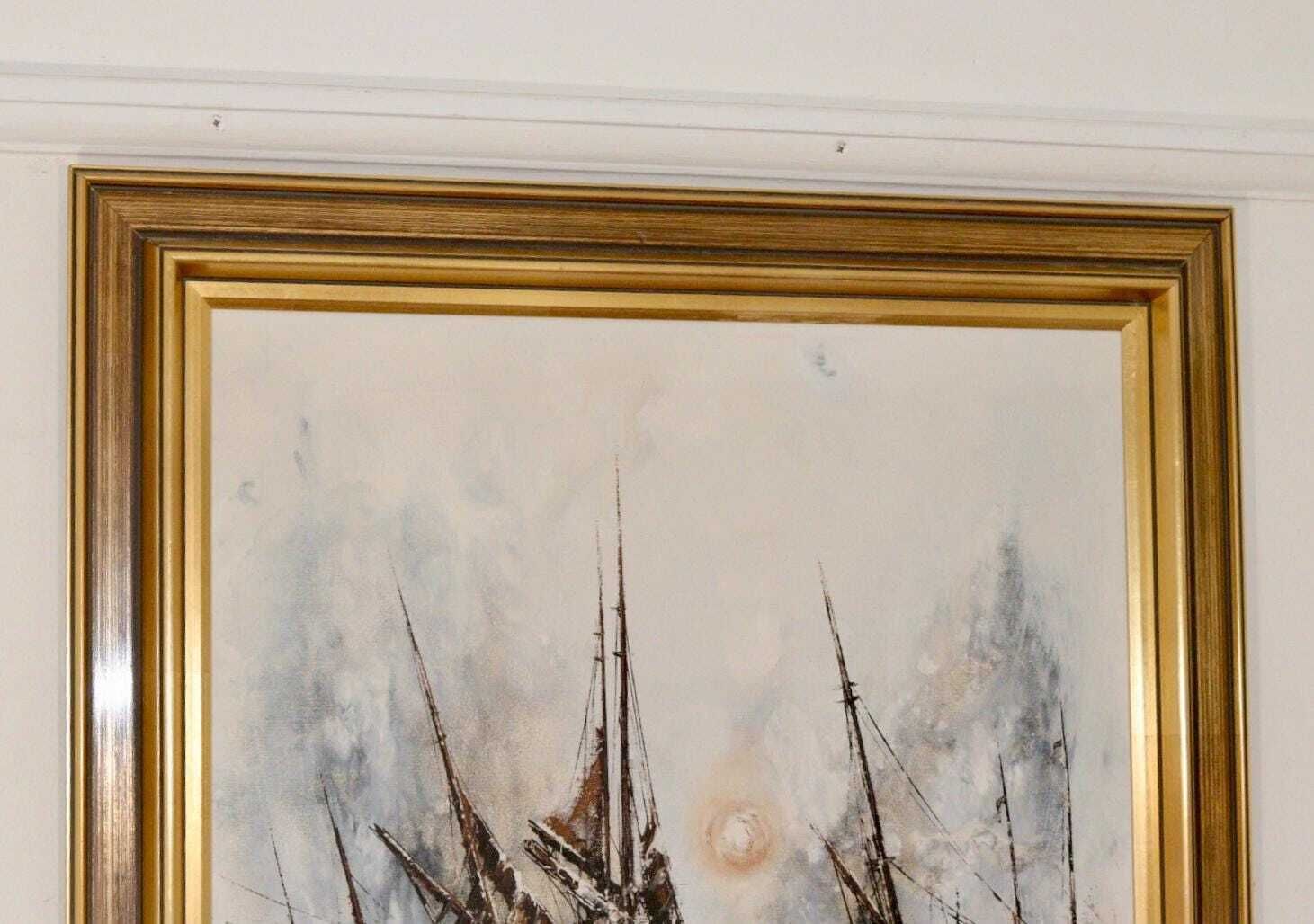 Mid Century Original Swedish Oil On Canvas "Boats" – Kris Ewald – Vintage & Framed, 81 X 72 Cm / 31.9 X 28.3 In photo vintage