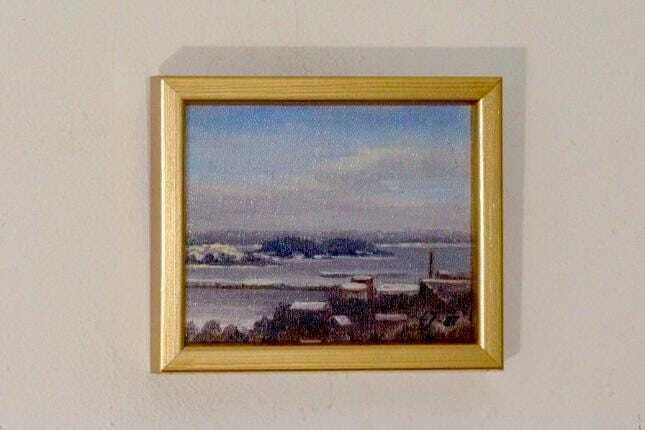 "Mid Century Original Swedish Oil On Canvas "Sea View Oskarshamn C1" – Lj, 87 – Vintage & Framed, 18 X 15 Cm / 7.1 X 5.9 In