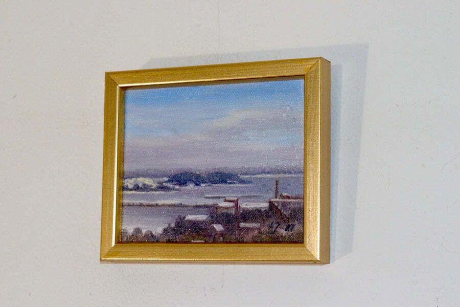 "Mid Century Original Swedish Oil On Canvas "Sea View Oskarshamn C1" – Lj, 87 – Vintage & Framed, 18 X 15 Cm / 7.1 X 5.9 In photo furniture