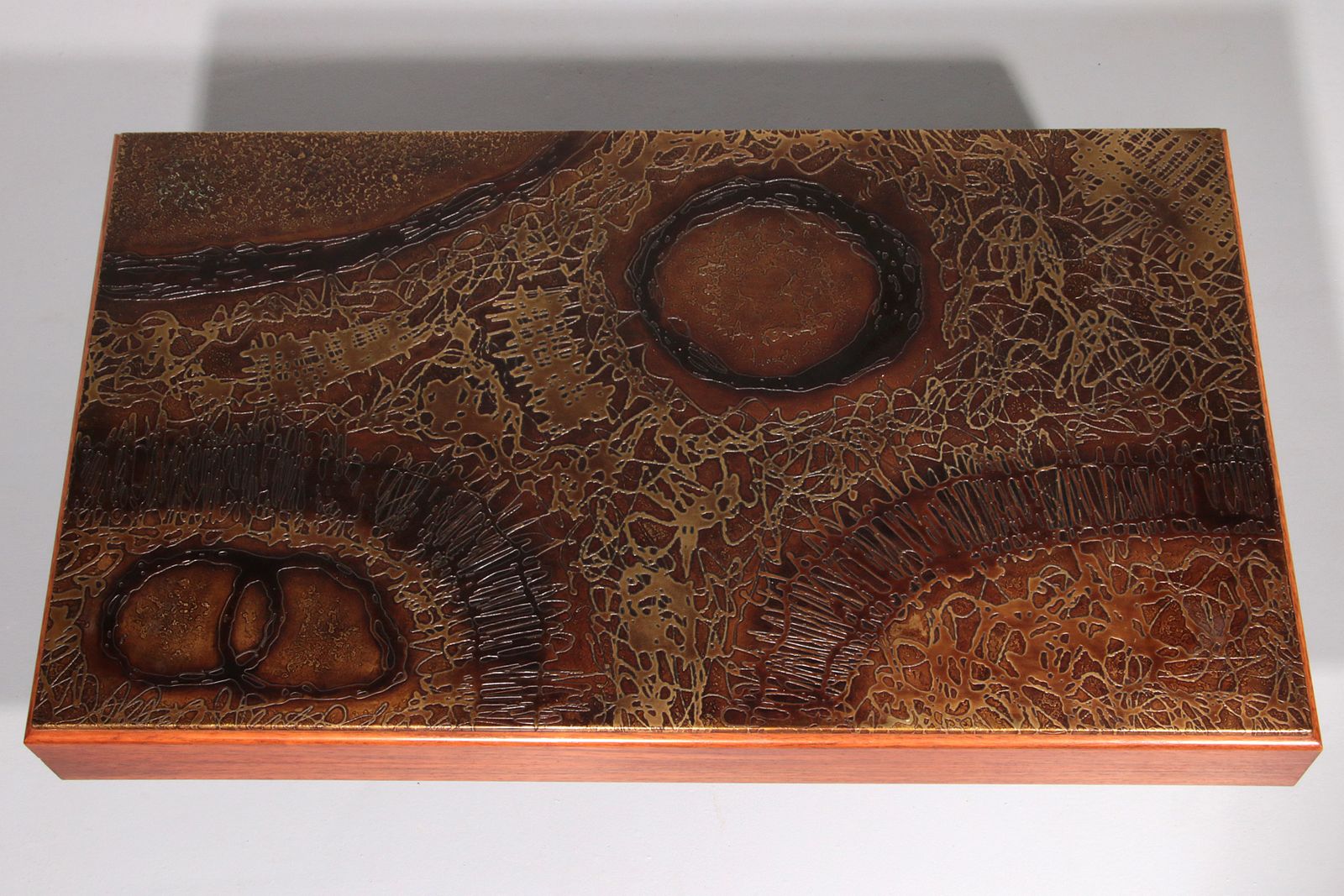 Brutalist Coffee Table With Copper Top And Wooden Base photo for sale