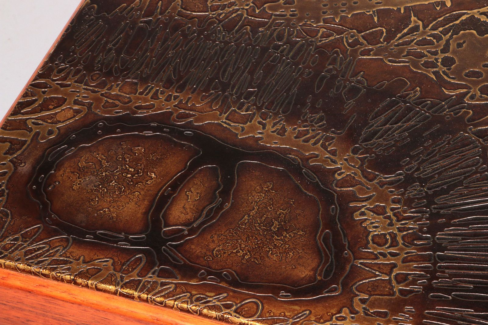photo for sale Brutalist Coffee Table With Copper Top And Wooden Base