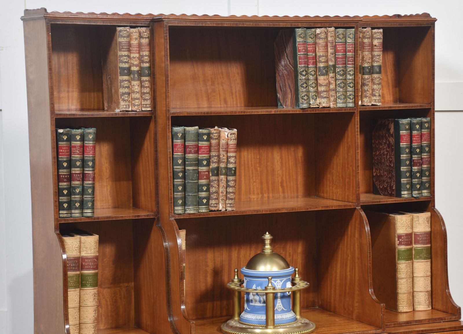 Pair Of Satinwood Crossbanded Open Breakfront Waterfall Bookcases photo furniture