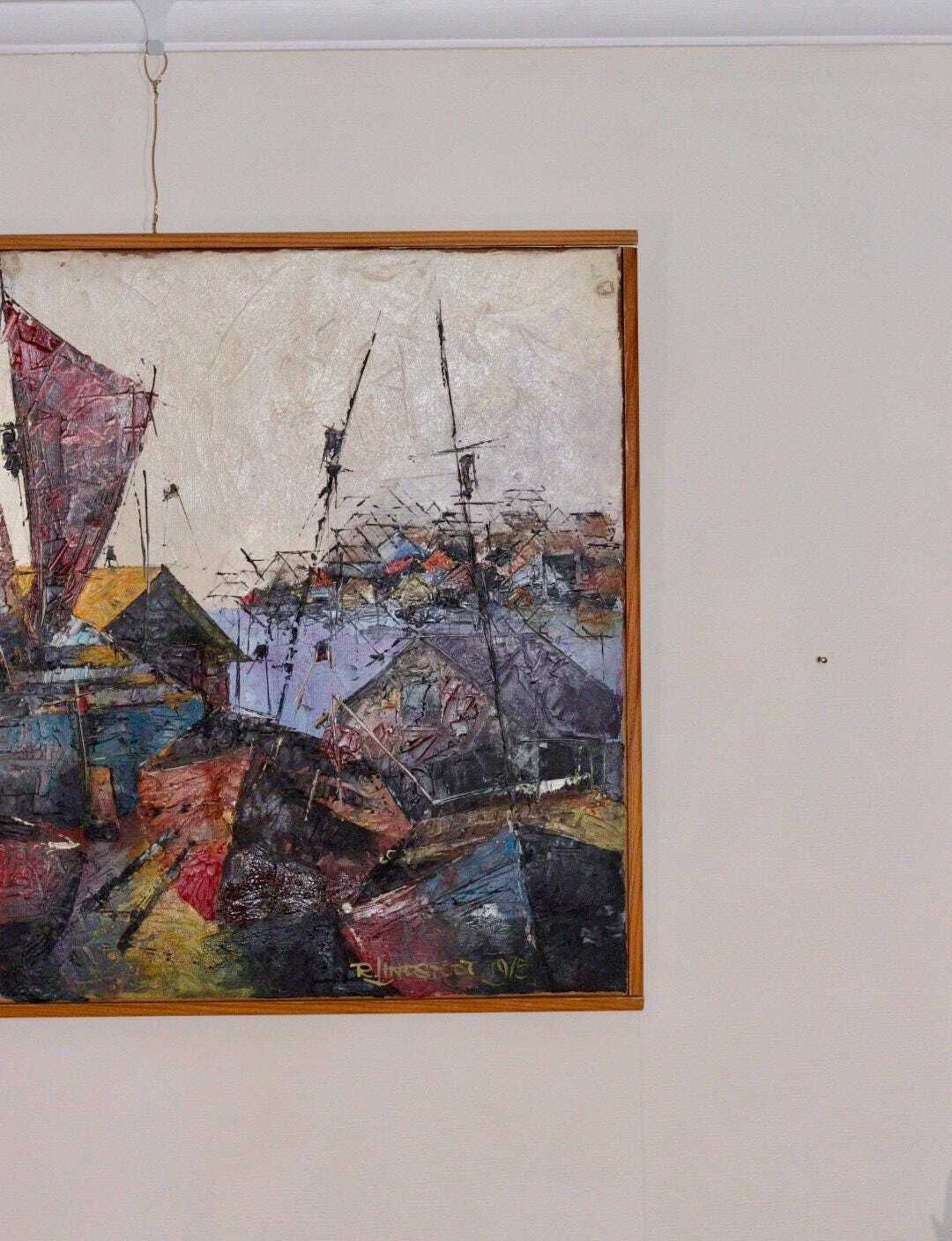Mid Century Original Swedish Oil On Canvas "Boats And Houses" – R. Lindstedt – Vintage & Framed, 43 X 53 Cm / 16.9 X 20.9 In photo Art