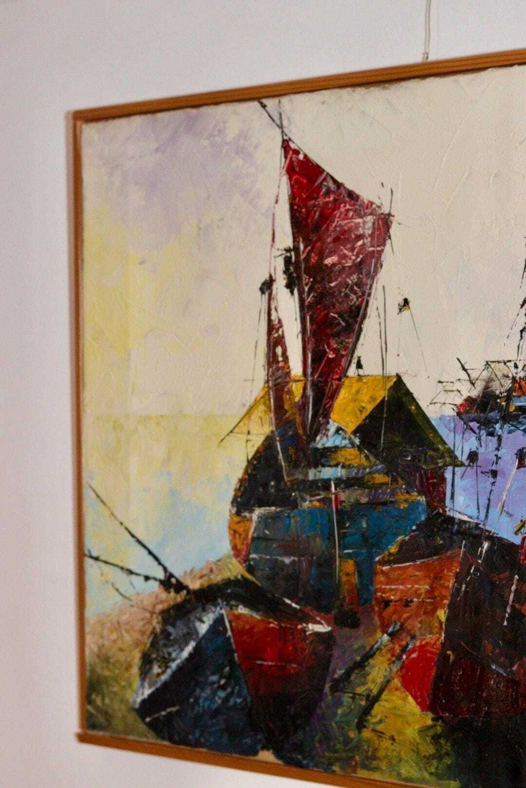 Mid Century Original Swedish Oil On Canvas "Boats And Houses" – R. Lindstedt – Vintage & Framed, 43 X 53 Cm / 16.9 X 20.9 In photo vinterior