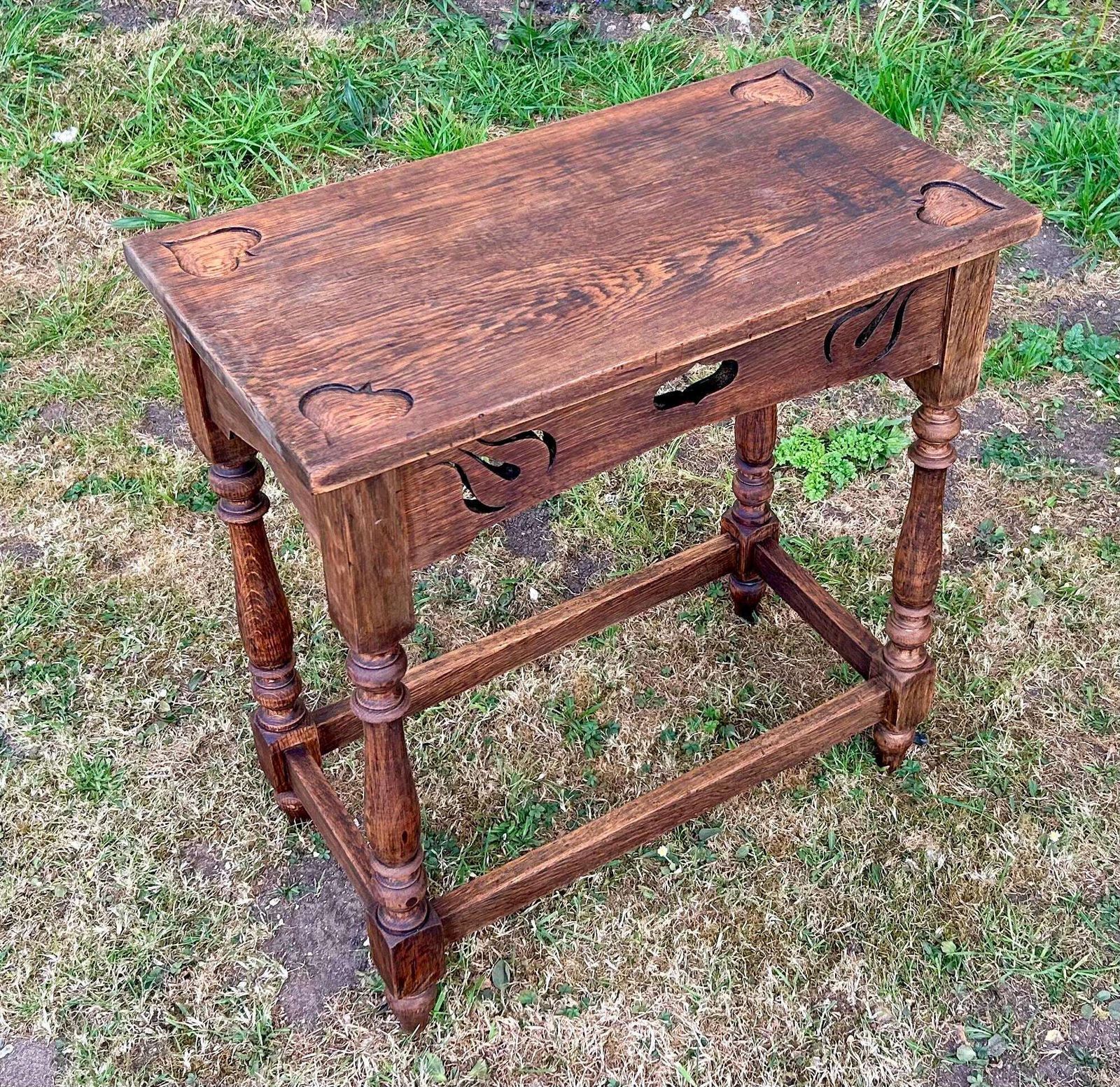 Arts And Crafts Oak Heart Antique Side Wine Table Vintage Wooden Victorian Hall Desk Industrial Occasional Coffee photo for sale