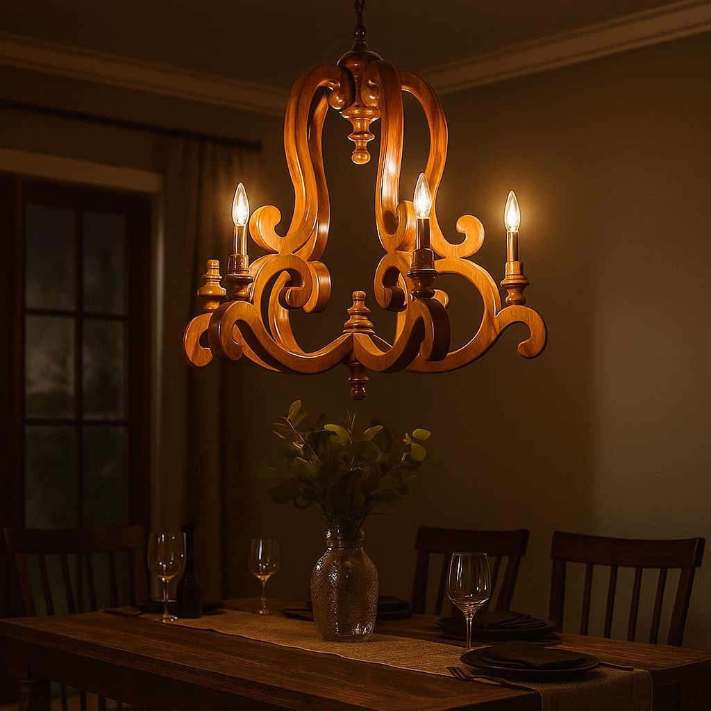 Vintage Indian Hand Carved Wooden Chandelier | Early 1900s Solid Teak With Scroll Arms photo furniture