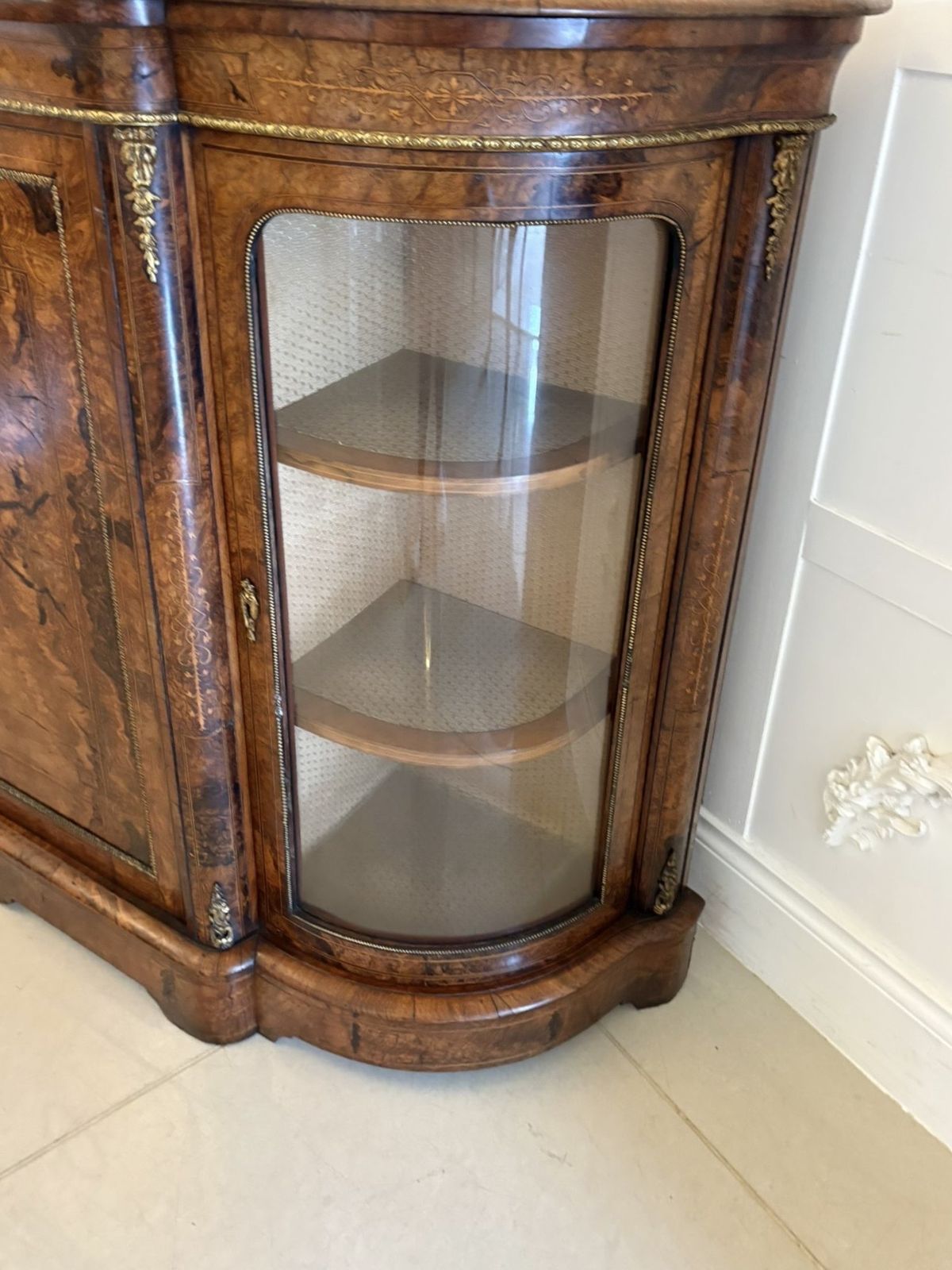 Furniture Outstanding Quality Antique 19th Century Inlaid Burr Walnut Porcelain Mounted Credenza photo