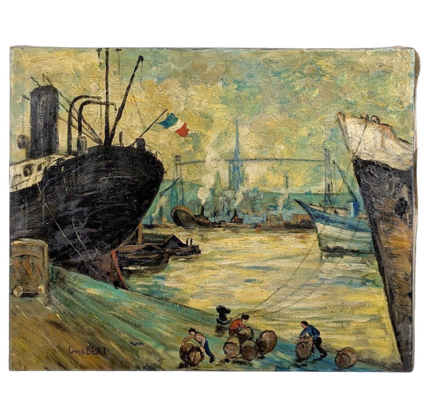 Oil On Canvas Narcisse Guilbert Boats At The Quay