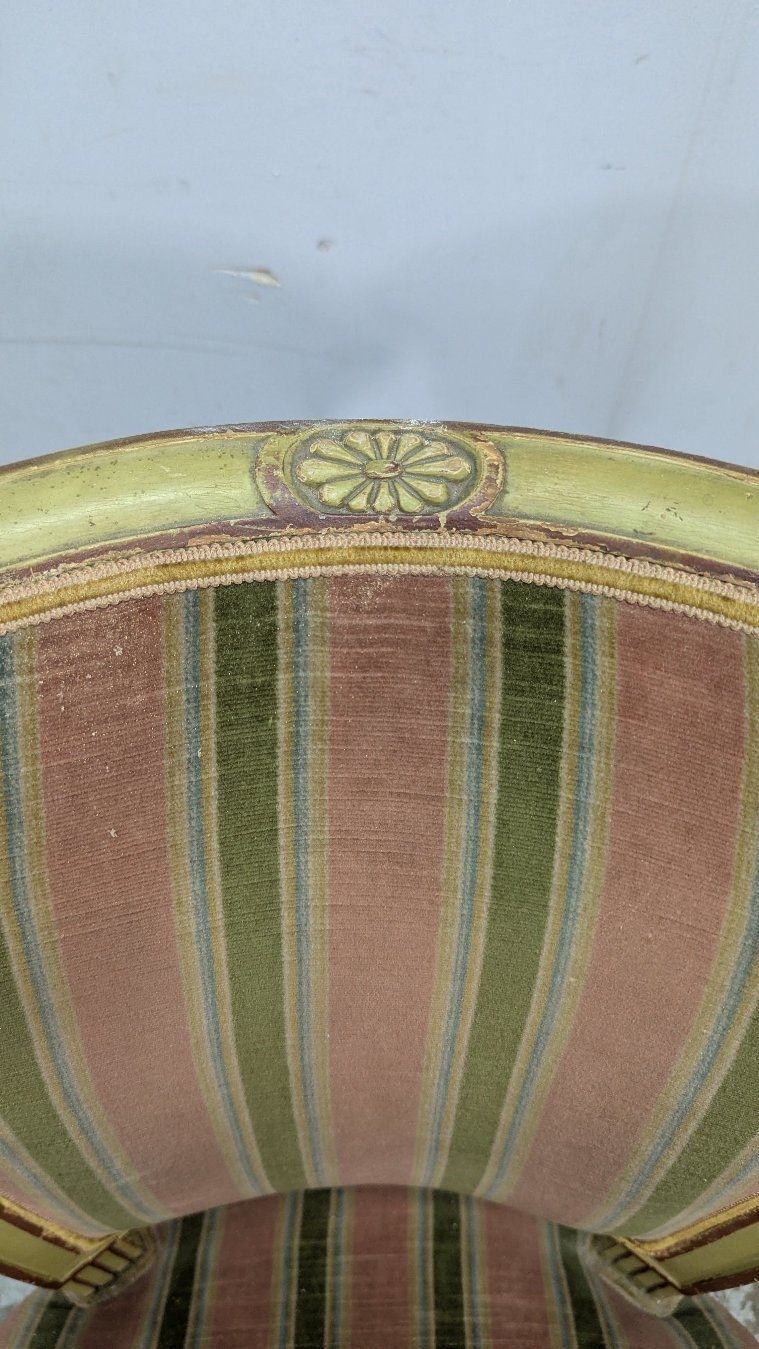 Pair Of Directoire Style Armchairs, Lacquered And Painted, With Green Velvet Tops photo buy