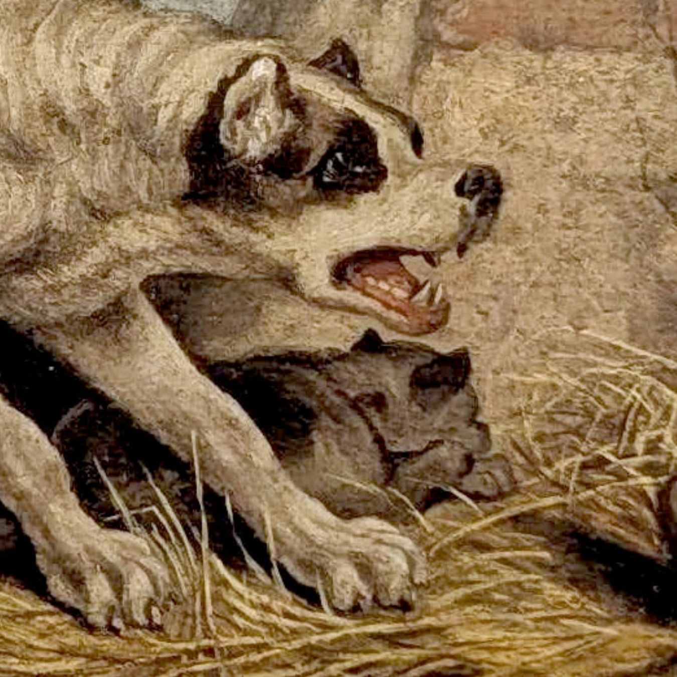 Oil On Wood Restoration Of A Dog Defending Her Puppy photo for sale