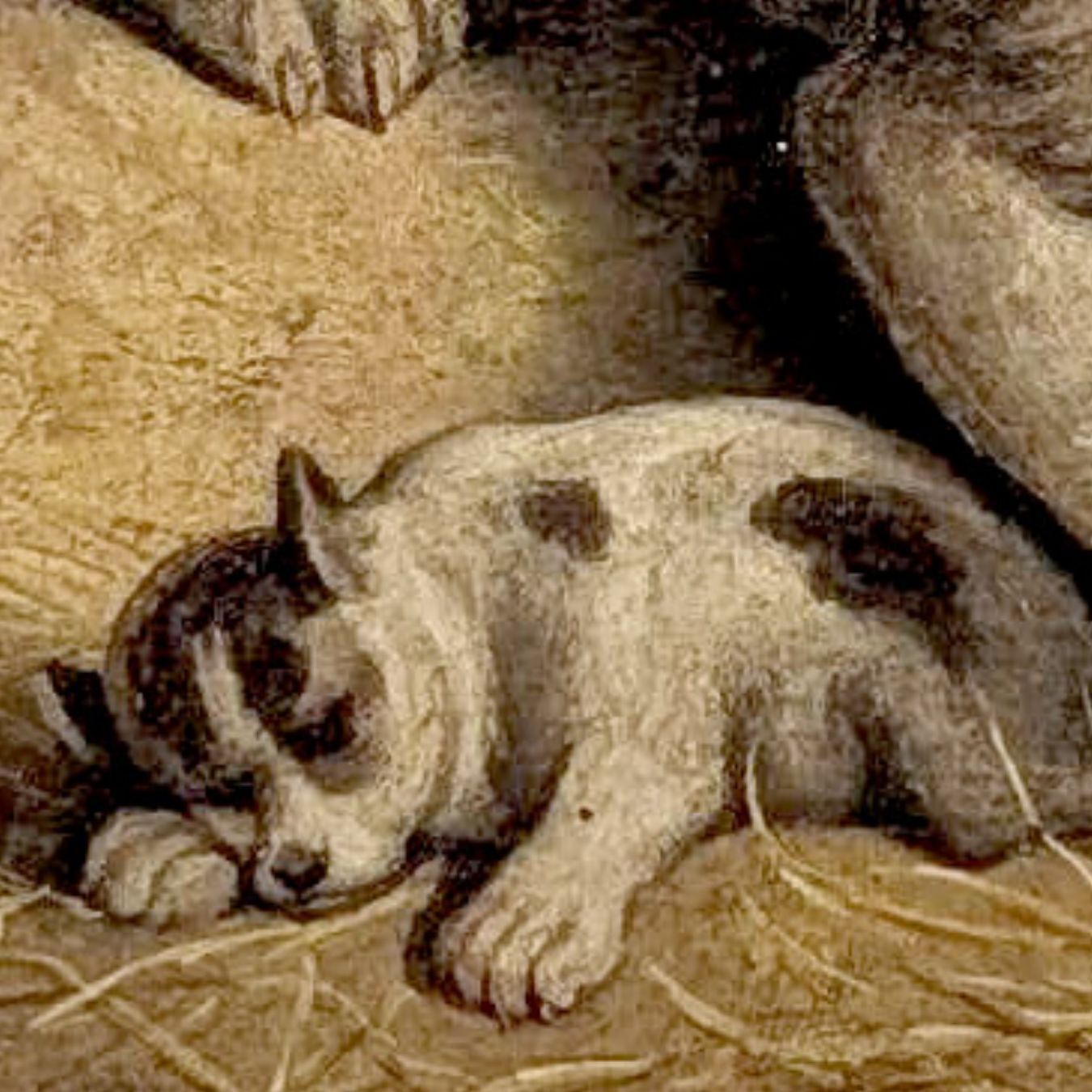 Oil On Wood Restoration Of A Dog Defending Her Puppy photo Art