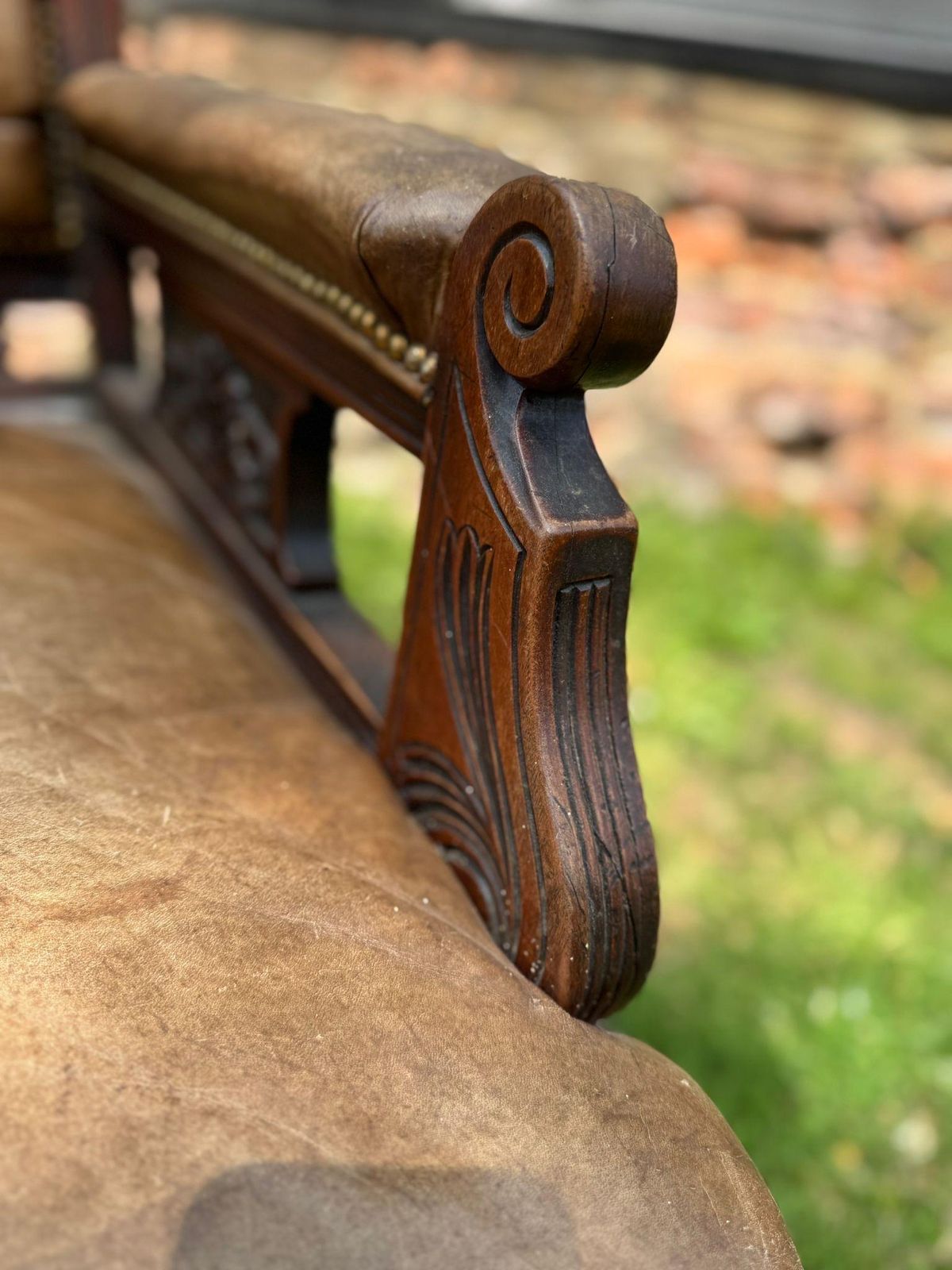 Victorian Carved Walnut & Leather Library Chair Button Back Fireside Armchair photo for sale