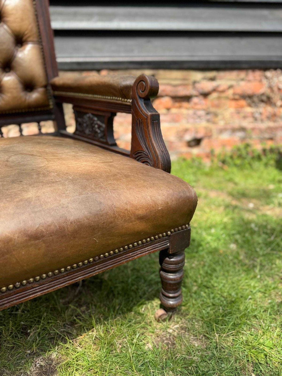 Victorian Carved Walnut & Leather Library Chair Button Back Fireside Armchair photo buy