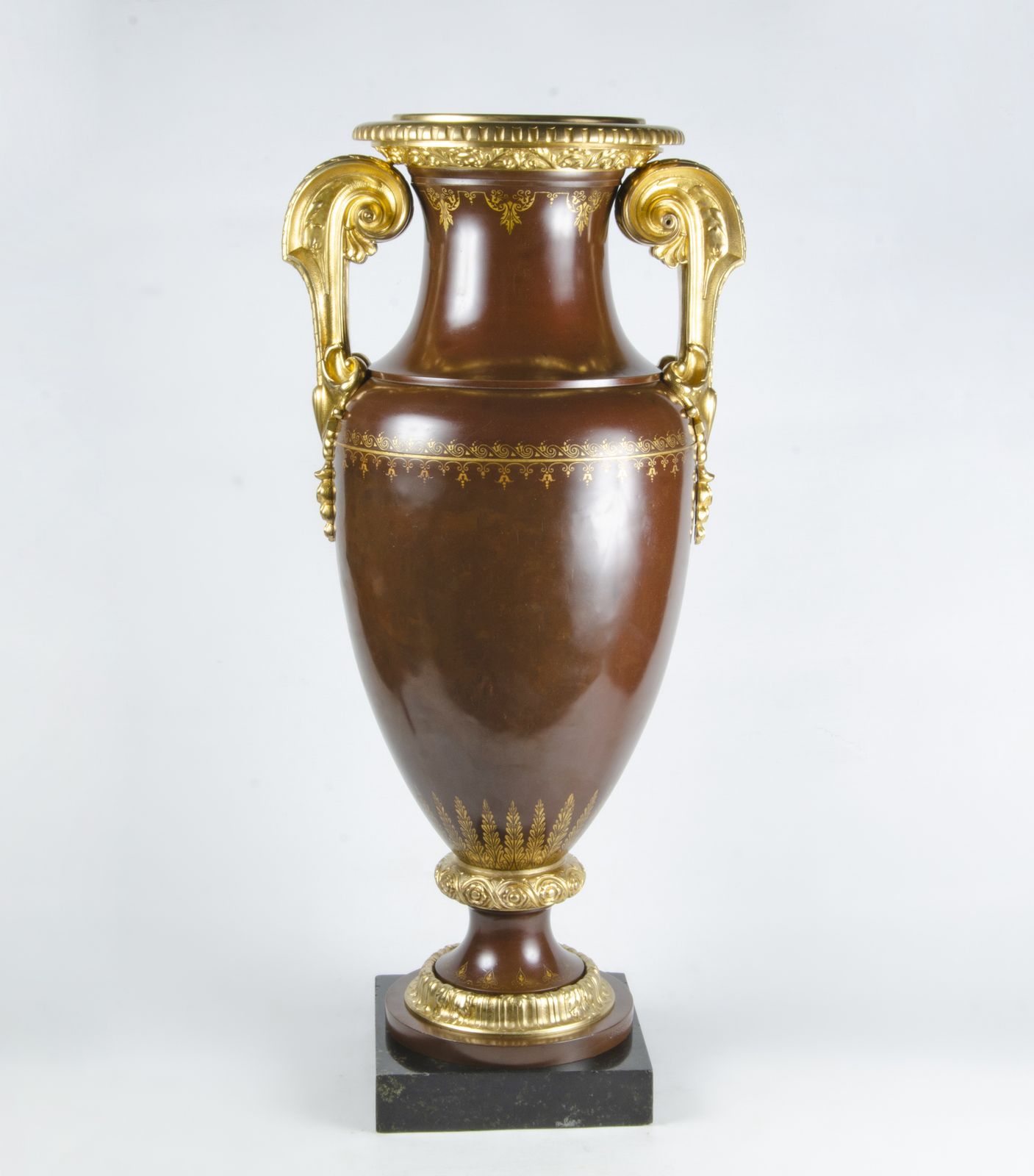 photo for sale Late 19th Century Neoclassical Gilt Bronze Ormolu Amphora/Urn With Bacchanalia Decoration And Marble Base By Ferdinand Barbedienne, France