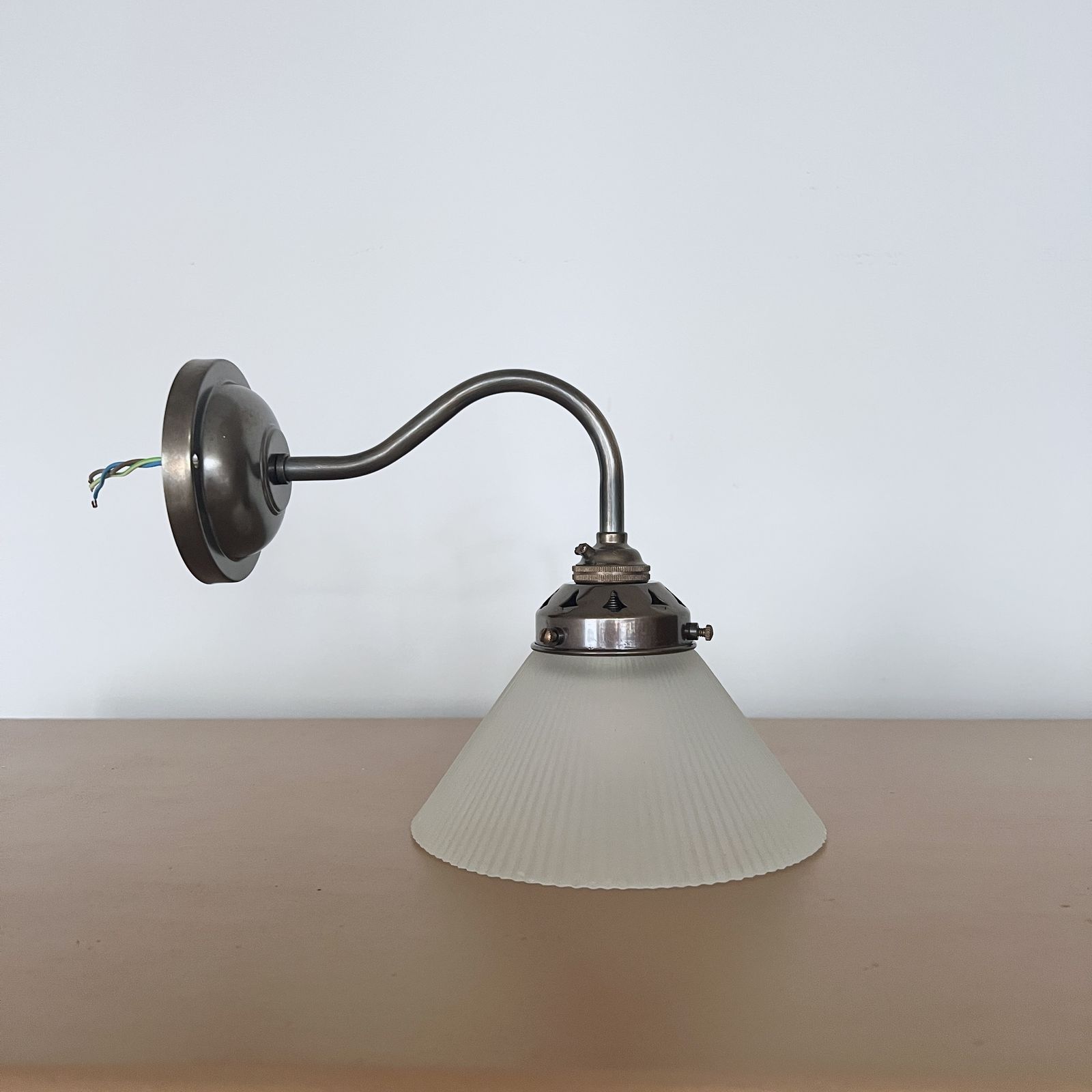 Newly Made Antique Brass Swan Neck Wall Lights With Contemporary Frosted Conical Shades photo furniture