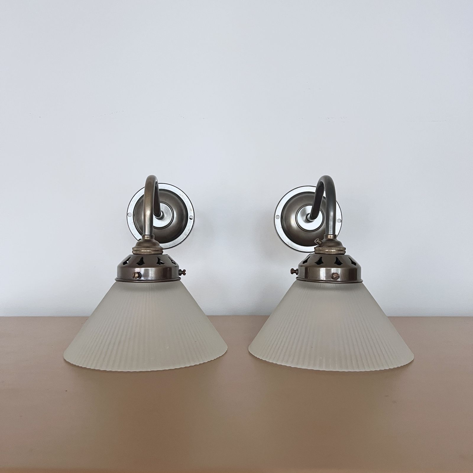 Newly Made Antique Brass Swan Neck Wall Lights With Contemporary Frosted Conical Shades photo Lighting