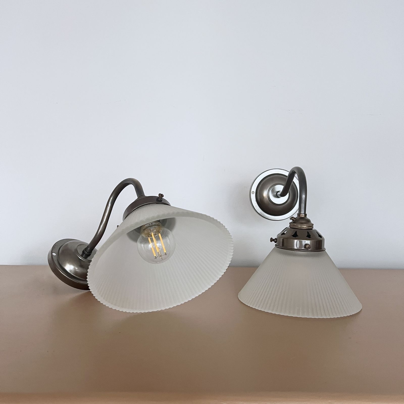 Newly Made Antique Brass Swan Neck Wall Lights With Contemporary Frosted Conical Shades photo 270.0