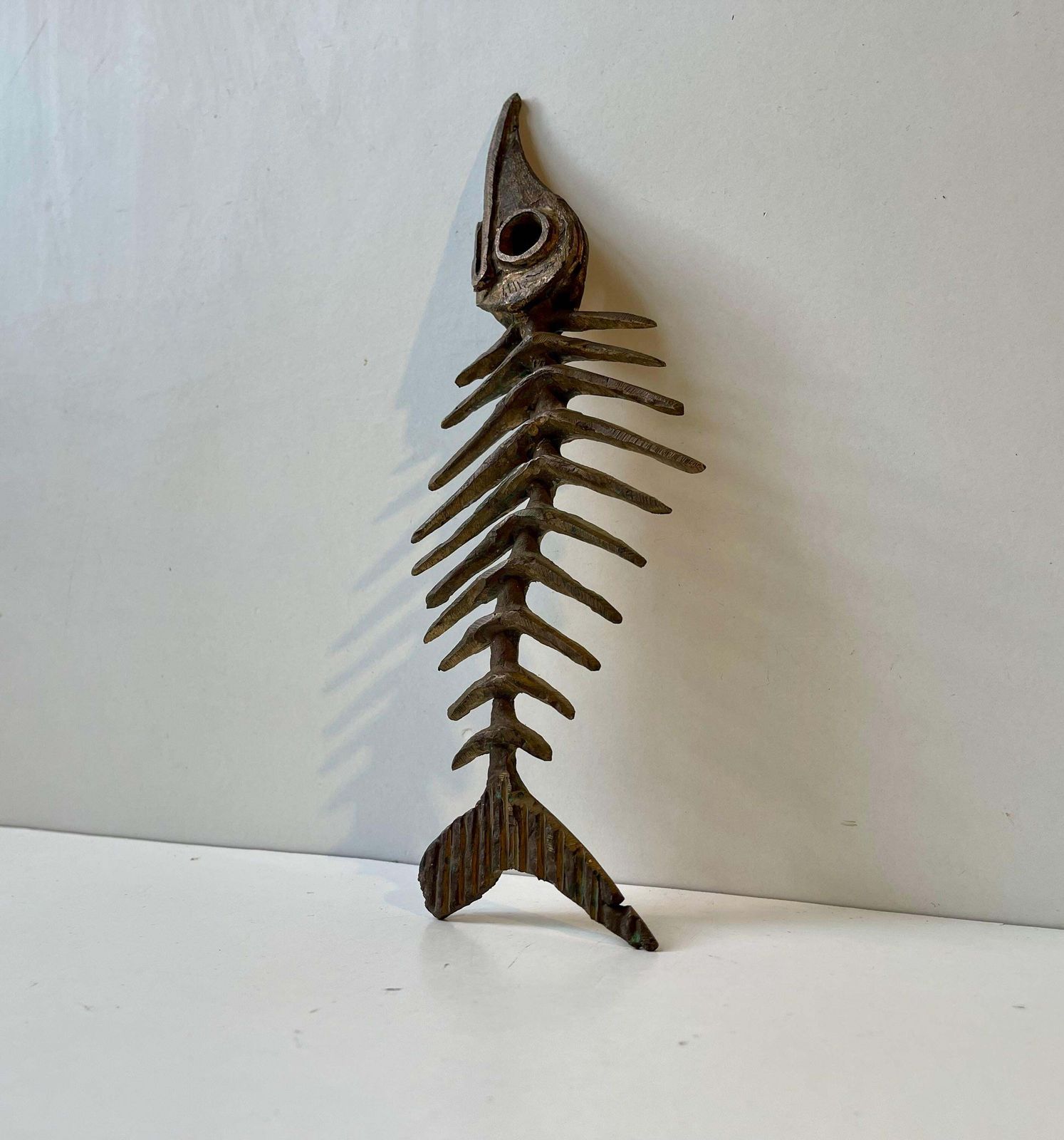 Danish Artist Peder E. Madsen Brutalist Primeval Sword Fish Skeleton In Bronze photo vintage
